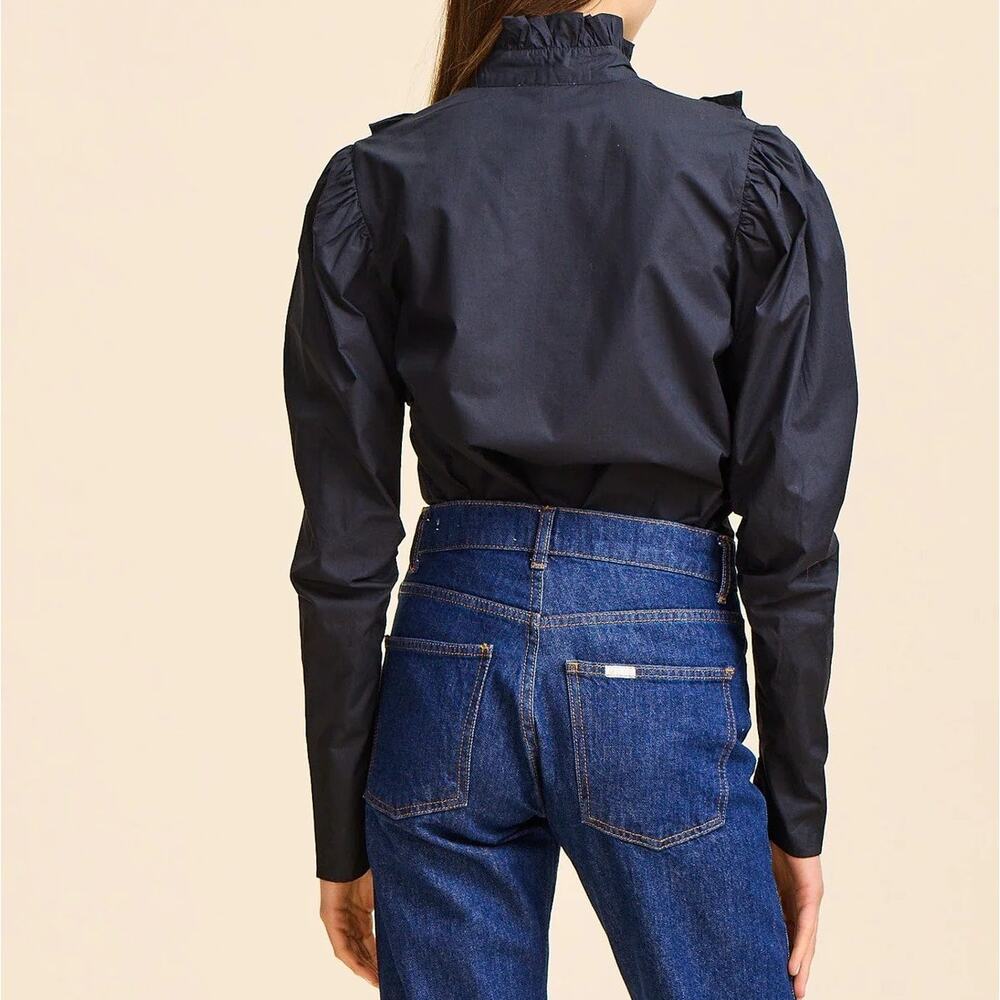 Mille Jolie Top Black Cotton Poplin Blouse Ruffled Bib Button Front Women's XS - Picture 2 of 10